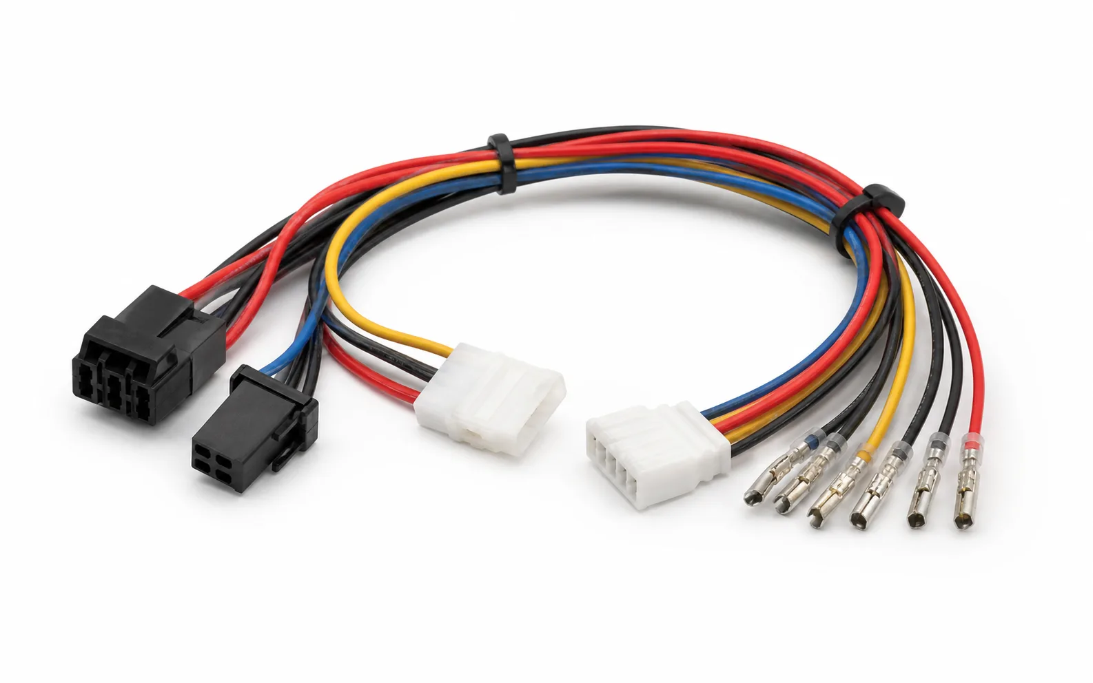 Colored connector cables with black and white housings and metal terminal ends